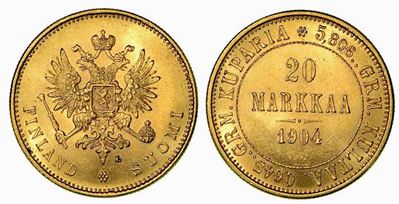Finlandia. Occupazione Russa. Nicholas II, 1894-1917. 20 Markkaa 1904.
