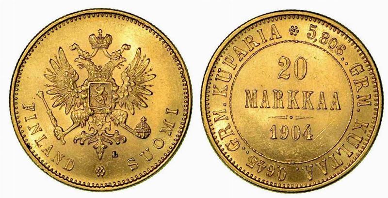 FINLANDIA. Occupazione russa. Nicholas II, 1894-1917. 20 Markkaa 1904.  - Auction Numismatics - Cambi Casa d'Aste