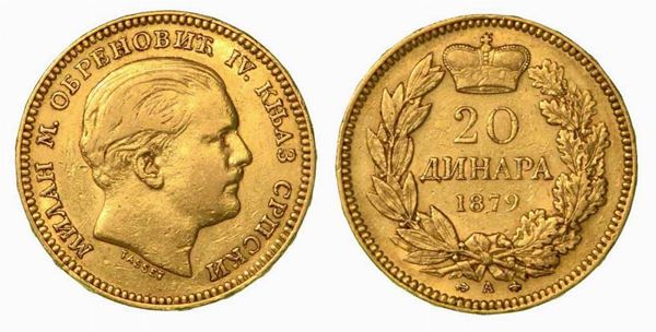 SERBIA. Milan Obrenovic IV, 1854-1901. 20 Dinara 1882, zecca di Vienna.