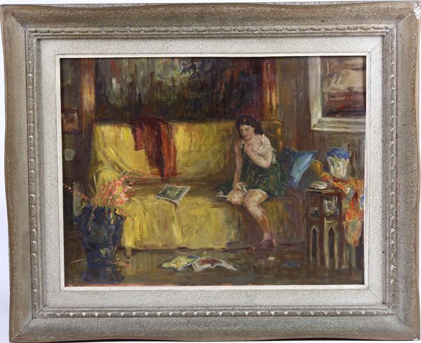 Anonimo XX secolo Interno con figura femminile sul divano