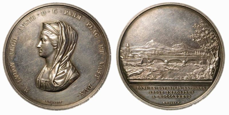 MARIA LUIGIA D'AUSTRIA, 1815-1847. PONTE SUL FIUME ARDA. Medaglia in argento 1836.  - Auction Numismatics - Cambi Casa d'Aste
