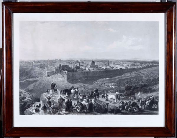 Due grandi vedute di Gerusalemme, secolo XIX, entro cornici in legno.