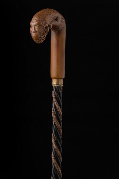 Bastone con Impugnatura in Corno e Legno. Fine XIX Secolo