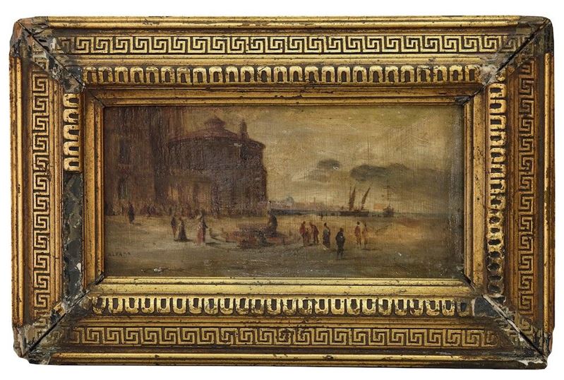 Anonimo del XIX - XX secolo. Paesaggio con figure  - Olio su tavola - Asta Palazzo Loschi Zileri dal Verme - Cambi Casa d'Aste