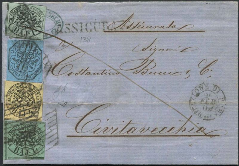 STATO PONTIFICIO. ASSICURATA DA ROMA PER CIVITAVECCHIA DEL 26 FEBBRAIO 1862.  - Asta Filatelia - Cambi Casa d'Aste