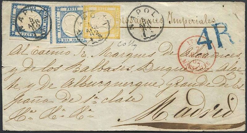 PROVINCE NAPOLETANE. FRONTESPIZIO DA NAPOLI PER MADRID DEL 5 APRILE 1862.  - Auction Philately - Cambi Casa d'Aste