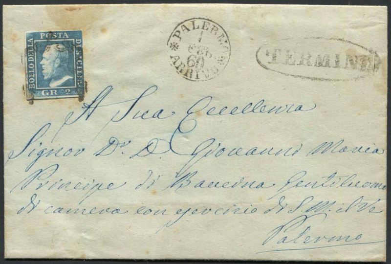 SICILIA. LETTERA DA TERMINI PER PALERMO, GIUNTA IL 1° FEBBRAIO 1860.  - Auction Philately - Cambi Casa d'Aste