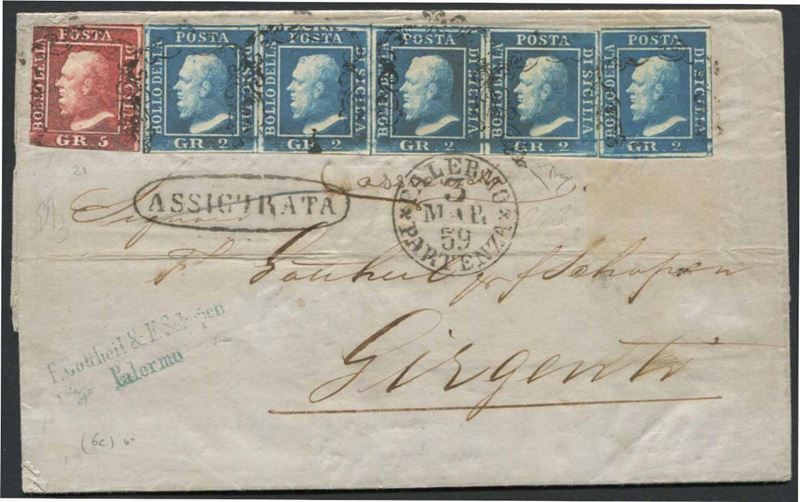 SICILIA, ASSICURATA DA PALERMO PER GIRGENTI DEL 3 MARZO 1859.  - Auction Philately - Cambi Casa d'Aste