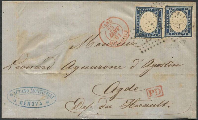 NAVIGAZIONE, 1861, SARDEGNA, LETTERA DA GENOVA PER ADGE, FRANCIA, DEL 24 GENNAIO 1861.  - Asta Filatelia - Cambi Casa d'Aste