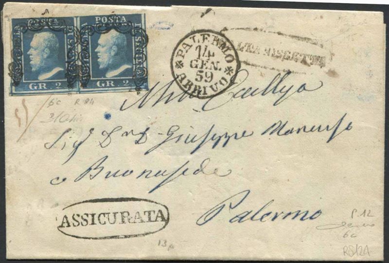 SICILIA, ASSICURATA DA CALTANISSETTA PER PALERMO GIUNTA IL 14 GENNAIO 1859.  - Auction Philately - Cambi Casa d'Aste