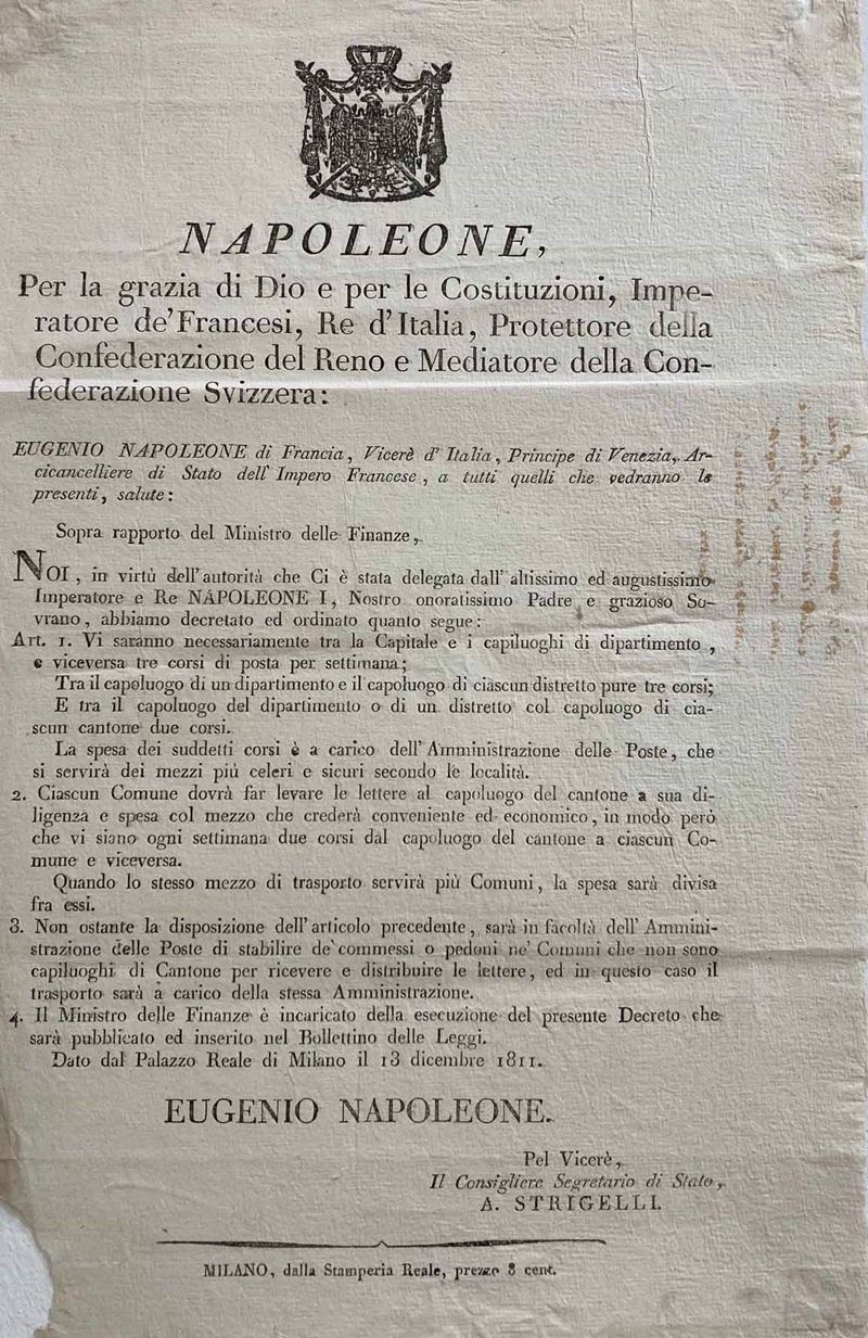 1811, Decreto del 13 dicembre 1811 di Eugenio Napoleone  - Auction Postal History and Philately - Cambi Casa d'Aste