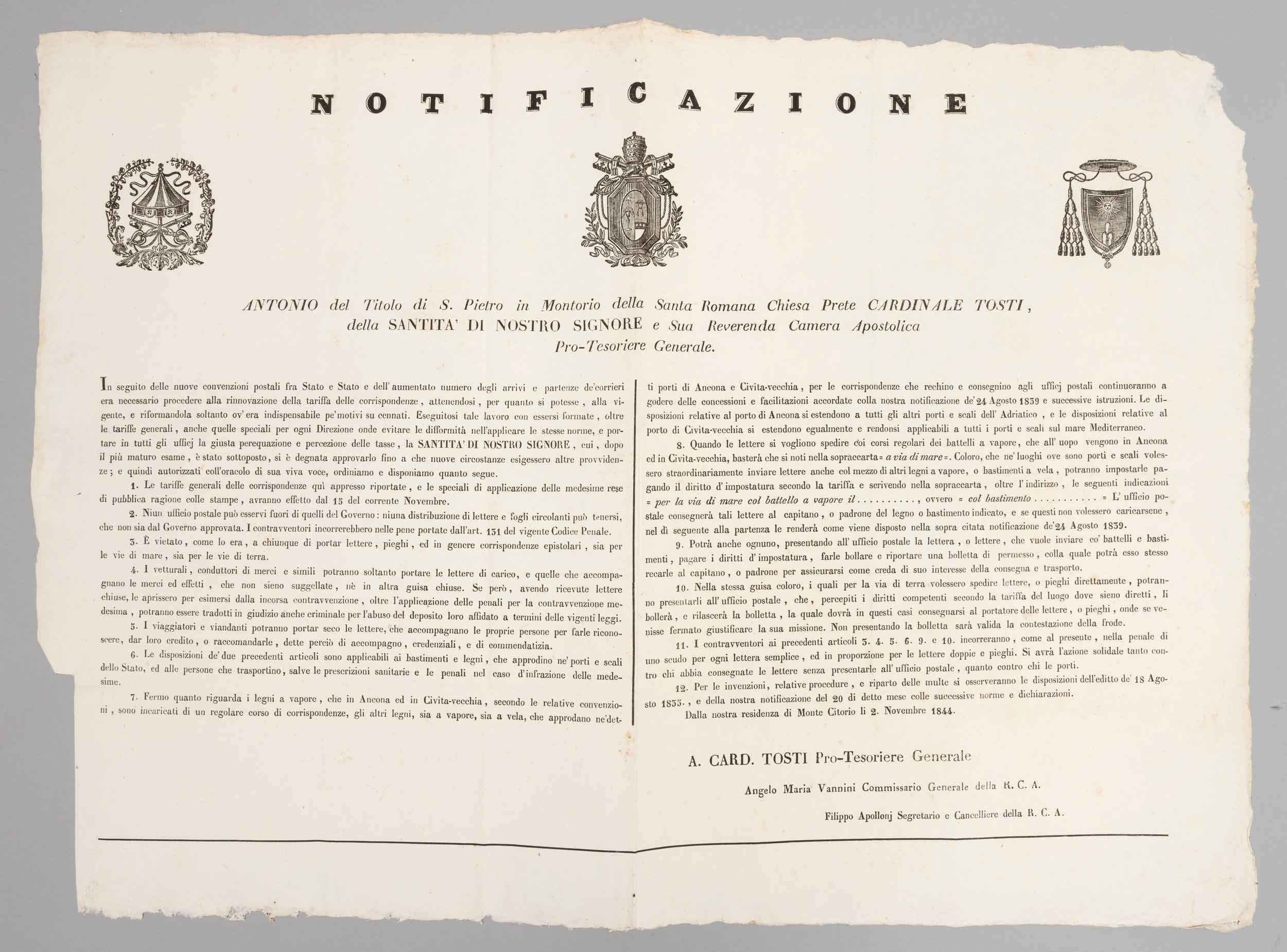 1844, Notificazione, Doppio Manifesto di Grande Formato