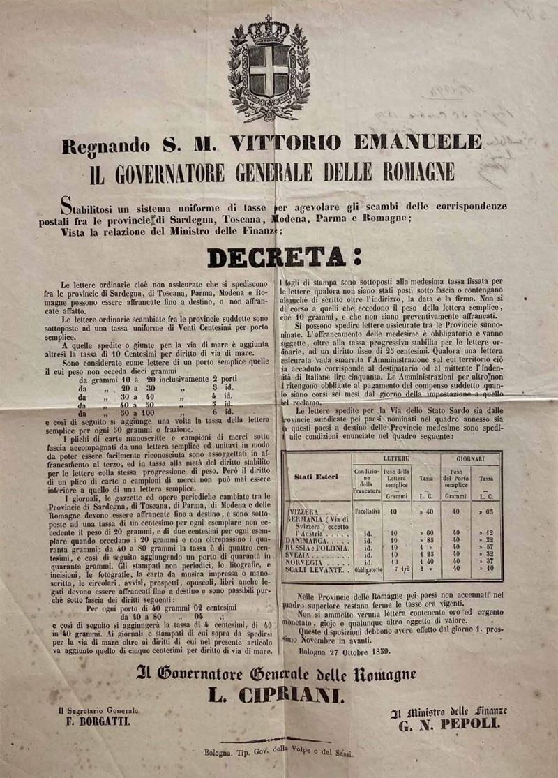 DECRETO DEL GOVERNATORE GENERALE DELLE ROMAGNE CIPRIANI DEL 27 OTTOBRE 1859.  - Asta Filatelia - Cambi Casa d'Aste