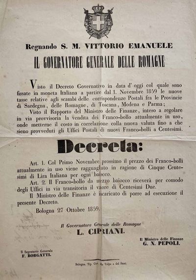 Decreto del Governatore Generale delle Romagne, Leonetto Cipriani, Dato in Bologna il 27 Ottobre ...