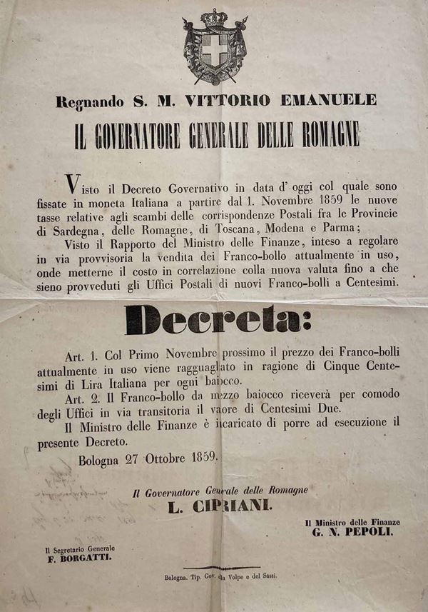 Decreto del Governatore Generale delle Romagne, Leonetto Cipriani, dato in Bologna il 27 ottobre 1859.