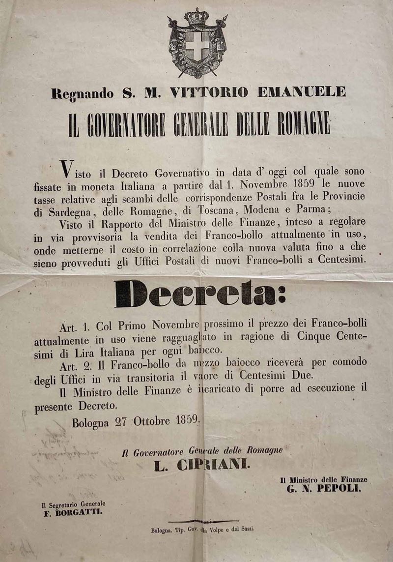 Decreto del Governatore Generale delle Romagne, Leonetto Cipriani, dato in Bologna il 27 ottobre 1859.  - Asta Storia Postale e Filatelia - Cambi Casa d'Aste