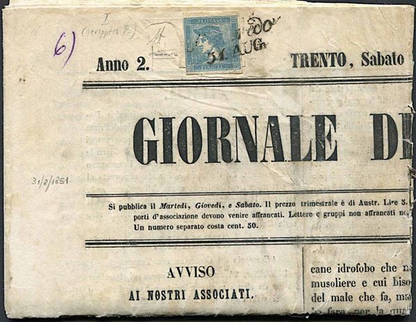 1851, Austria, giornale completo "Giornale del Trentino" del 30 agosto 1851.