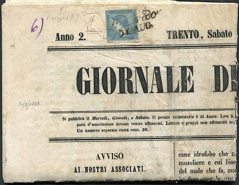 1851, Austria, giornale completo "Giornale del Trentino" del 30 agosto 1851.  - Asta Filatelia e Storia Postale - Cambi Casa d'Aste