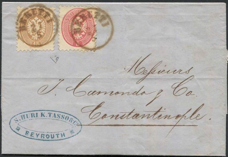 LEVANTE AUSTRIACO. LETTERE DA BEIRUT PER COSTANTINOPOLI DEL 27 MAGGIO 1866.  - Auction Philately - Cambi Casa d'Aste