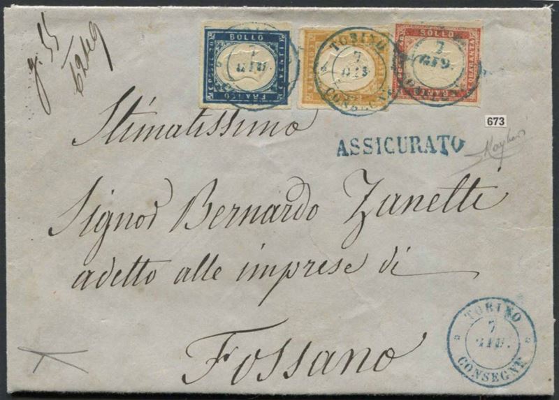 SARDEGNA. RACCOMANDATA DA TORINO PER FOSSANO DEL 7 GIUGNO 1859.  - Auction Philately - Cambi Casa d'Aste