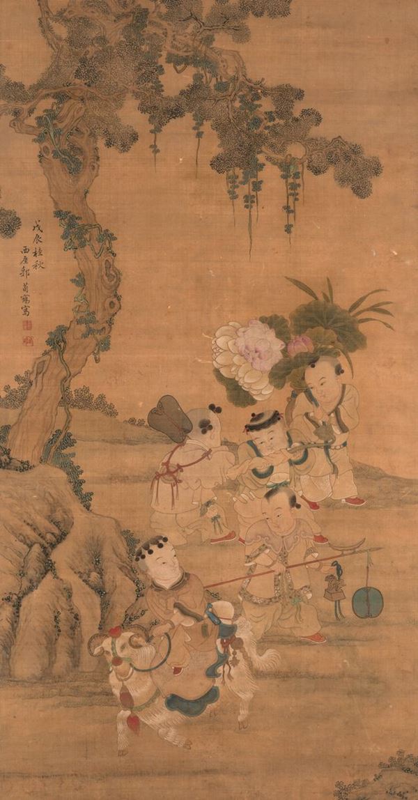 Dipinto su seta raffigurante bambini che giocano e iscrizione, Cina, Dinastia Qing, XIX secolo