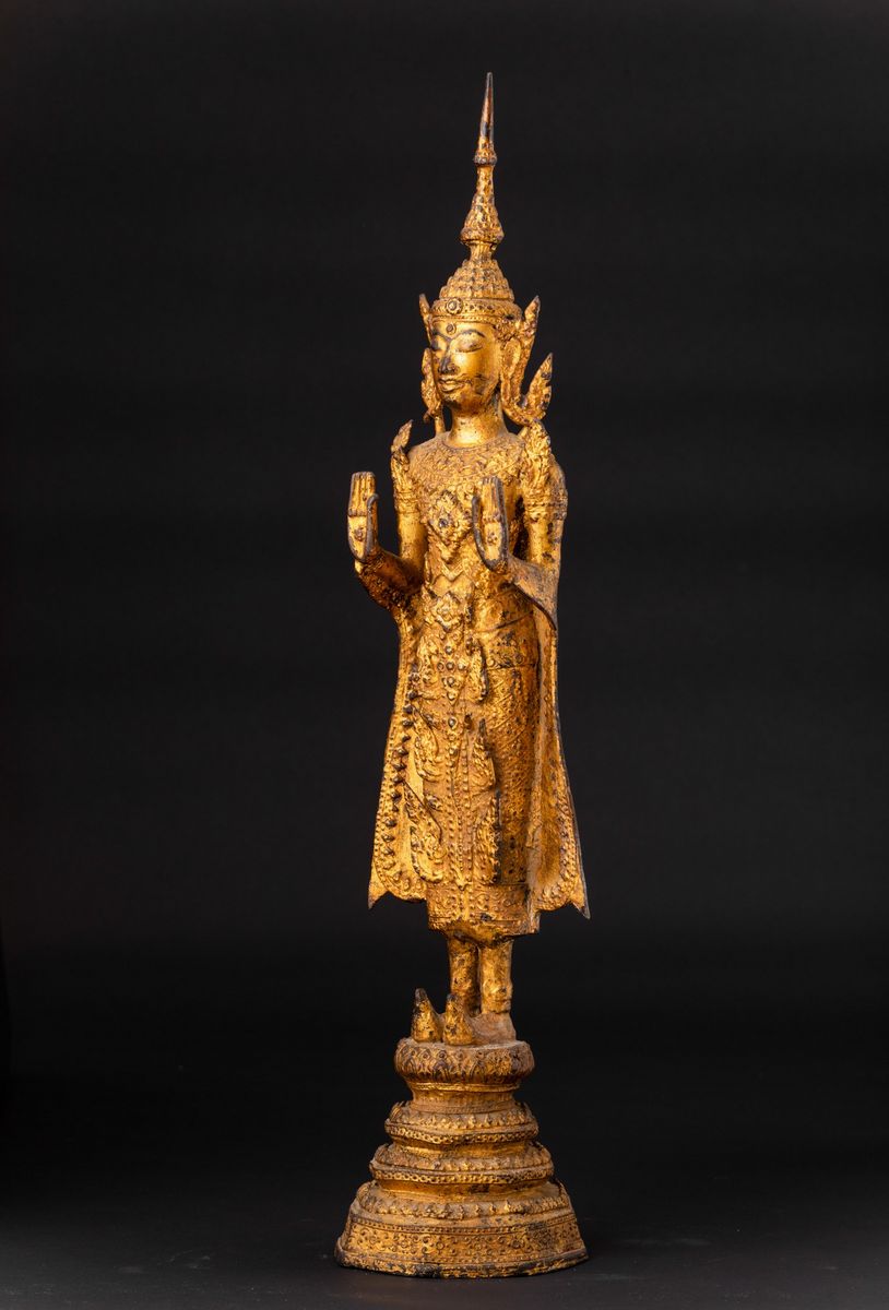 Figura di Buddha Stante in Bronzo Dorato, Thailandia, XIX Secolo