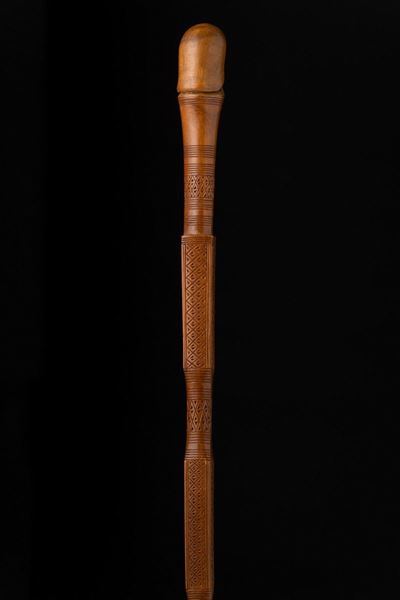 Bastone di Arte Popolare Monossile in Legno. Italia, Fine XIX Secolo