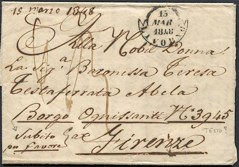 PREFILATELIA, LETTERA DA LIVORNO A FIRENZE DEL 15 MARZO 1848.  - Auction Philately - Cambi Casa d'Aste