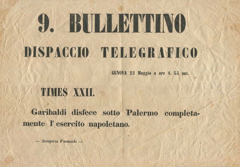 1860, SARDEGNA, “9. BULLETTINO-DISPACCIO TELEGRAFICO”,VOLANTINO EDITO A GENOVA IL 23 MAGGIO 1860.  - Auction Philately - Cambi Casa d'Aste