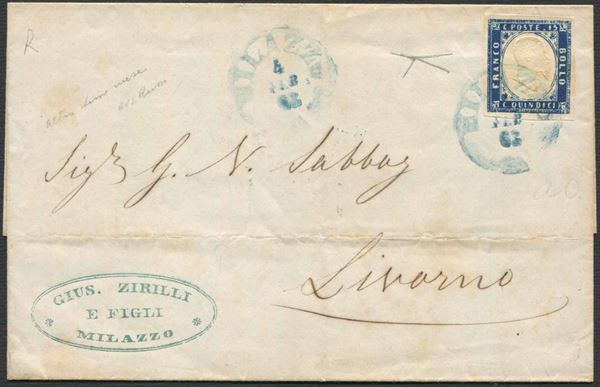 1863, Regno d'Italia, lettera da Milazzo per Livorno del 4 febbraio 1864,