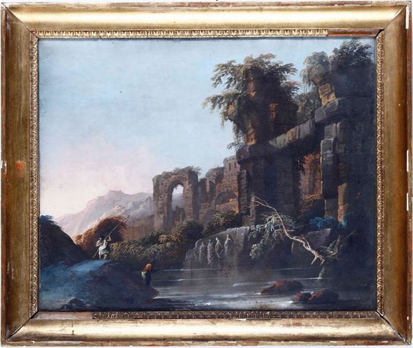 Scuola del XVIII-XIX secolo Paesaggio con rovine e pescatori