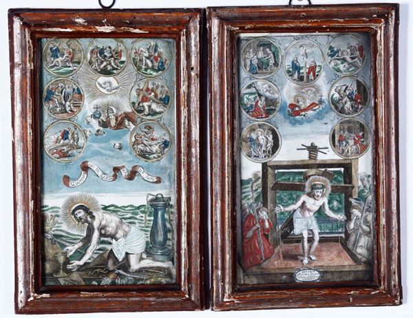 Coppia di incisioni acquerellate raffigurante Scene della Vista e Passione di Cristo. XVIII-XIX secolo