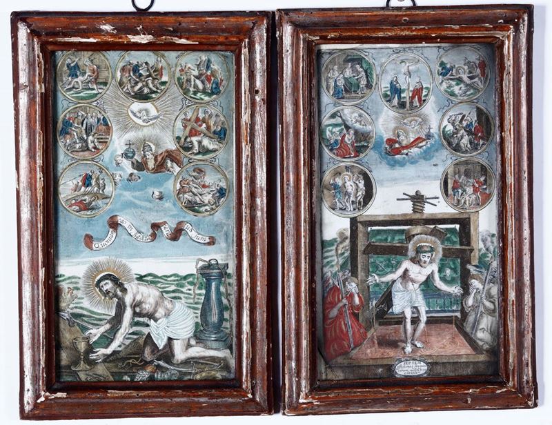 Coppia di incisioni acquerellate raffigurante Scene della Vista e Passione di Cristo. XVIII-XIX secolo  - Auction A Lombard Property | Cambi Time - Cambi Casa d'Aste