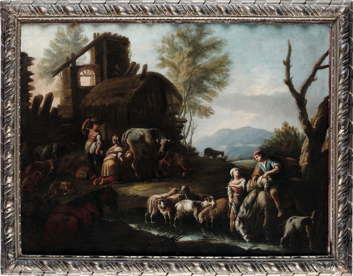Scuola Romana del XVIII Secolo Paesaggi con Pastori, Armenti e Architetture