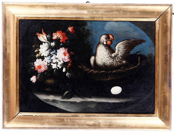Scuola del XVIII secolo Nature morte con fiori e gallinacei