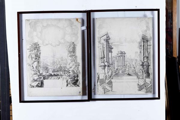 Scuola del XVIII secolo Capricci con architetture e figure