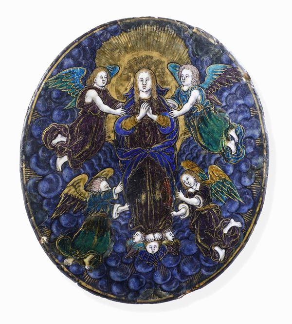 Assunzione della Vergine. Placca in rame e smalti policromi. Arte limosina del XVI-XVII secolo