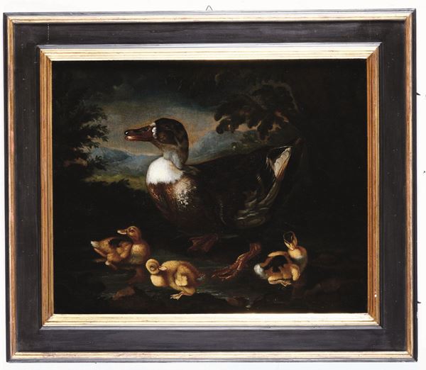 Scuola lombarda del XVIII secolo Coppia di dipinti con galline, pulcini, papere e anatroccoli