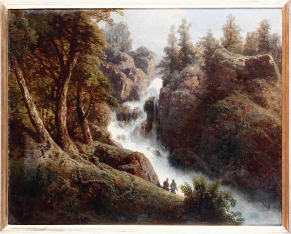 Pittore del XIX-XX secolo Paesaggio con cascata e figure