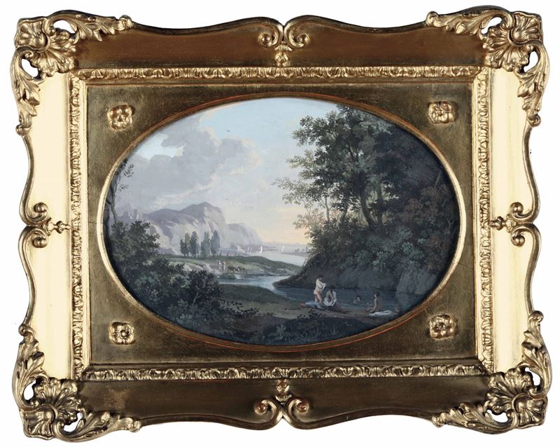 Anonimo del XVIII/XIX secolo Paesaggio con figure femminili al bagno  - Asta Dipinti Antichi - Cambi Casa d'Aste
