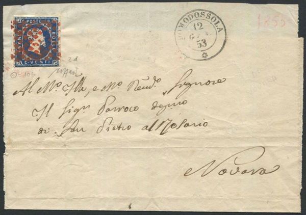 1853, Sardegna, lettera da Domodossola per Novara del 12 gennaio 1853.