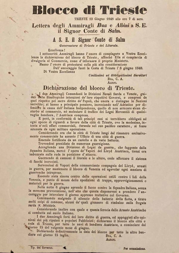 Blocco di Trieste, documento a stampa dell'8 giugno 1848.