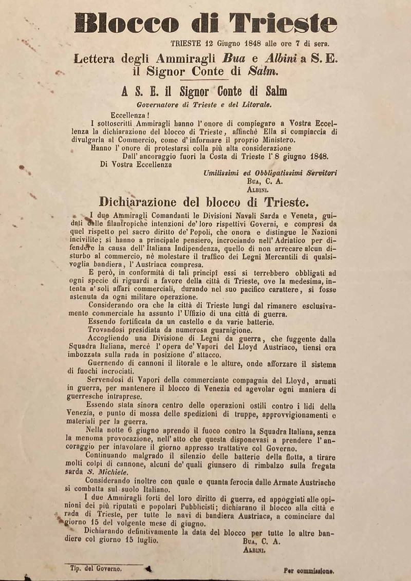 Blocco di Trieste, documento a stampa dell'8 giugno 1848.  - Auction Postal History and Philately - Cambi Casa d'Aste
