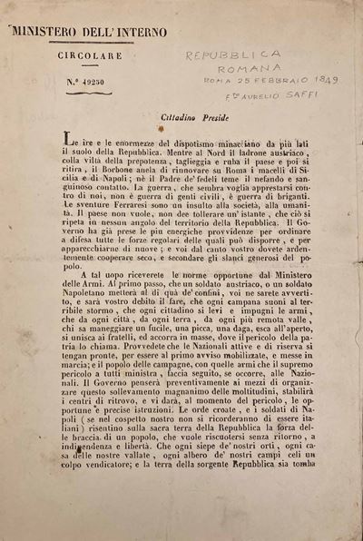 Repubblica Romana, Circolare di Due Pagine del Ministro Dell'interno Aurelio Saffi del 25 Febbrai...