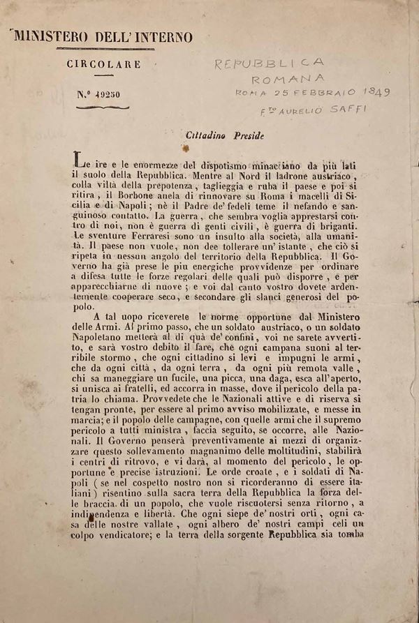 Repubblica Romana, circolare di due pagine del ministro dell'interno Aurelio Saffi del 25 febbraio 1849
