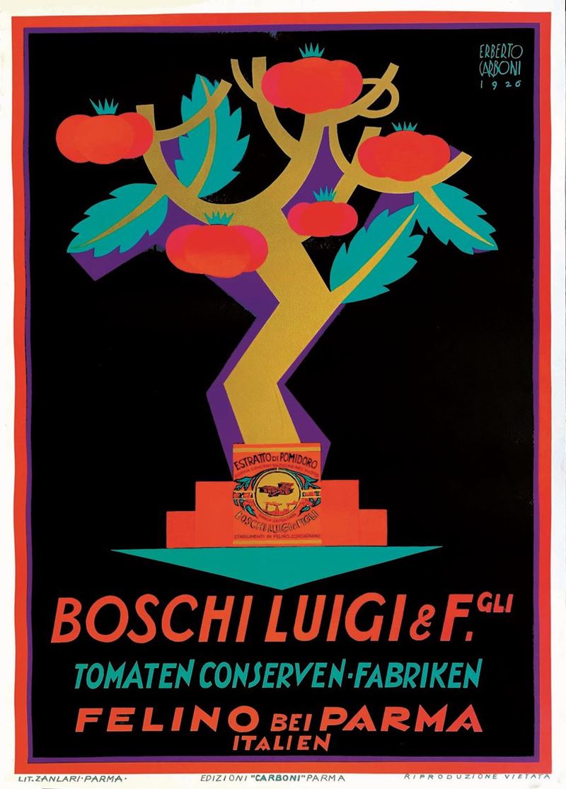 Erberto Carboni : Erberto Carboni (1899 – 1984) BOSCHI LUIGI / TOMATEN-KONSERVEN FABRIK   - Auction Posters | Cambi Time - I - Cambi Casa d'Aste