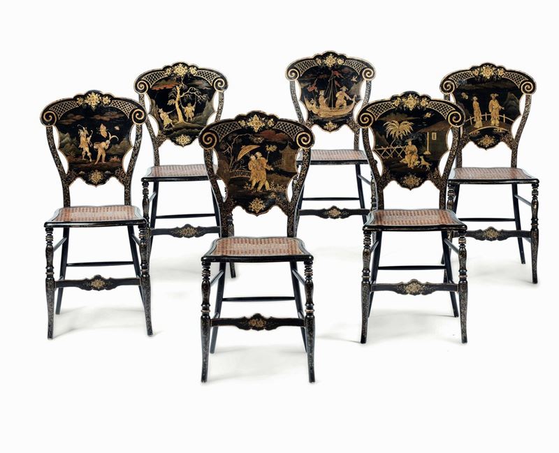 Sei sedie Napoleone III in legno ebanizzato e dipinto a cineserie. XIX secolo  - Asta Dimore Italiane - I - Cambi Casa d'Aste
