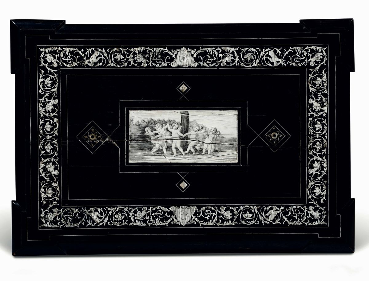 Scrivania in Legno Ebanizzato Intarsiato in Osso e Avorio. Ferdinando Pogliani (milano 1832 – 189...