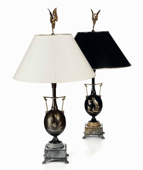 Coppia di lampade da tavolo in metallo e bronzi dorati, Henry Cahieux (1825 - 1854), Fonderia Barbedienne, metà XIX secolo