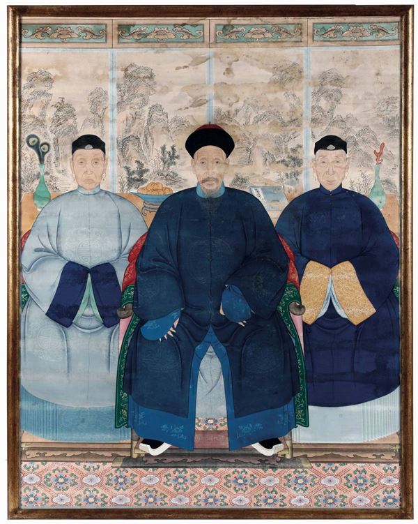 Dipinto su seta raffigurante dignitari, Cina, XIX secolo